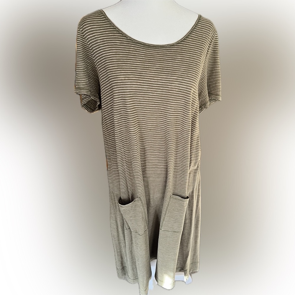 Eileen Fisher Olive Striped Organic Hemp and Cotton Knit Shortsleeved Dress